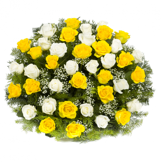 Kytice na rakev bílé a žluté růže