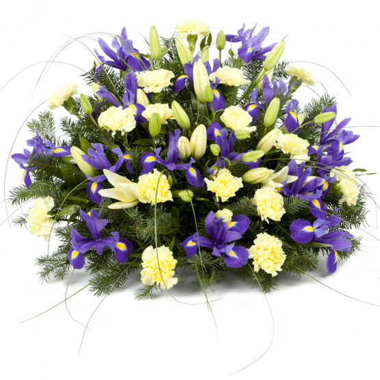Kytice na rakev žluté lilie, karafiáty a irisy